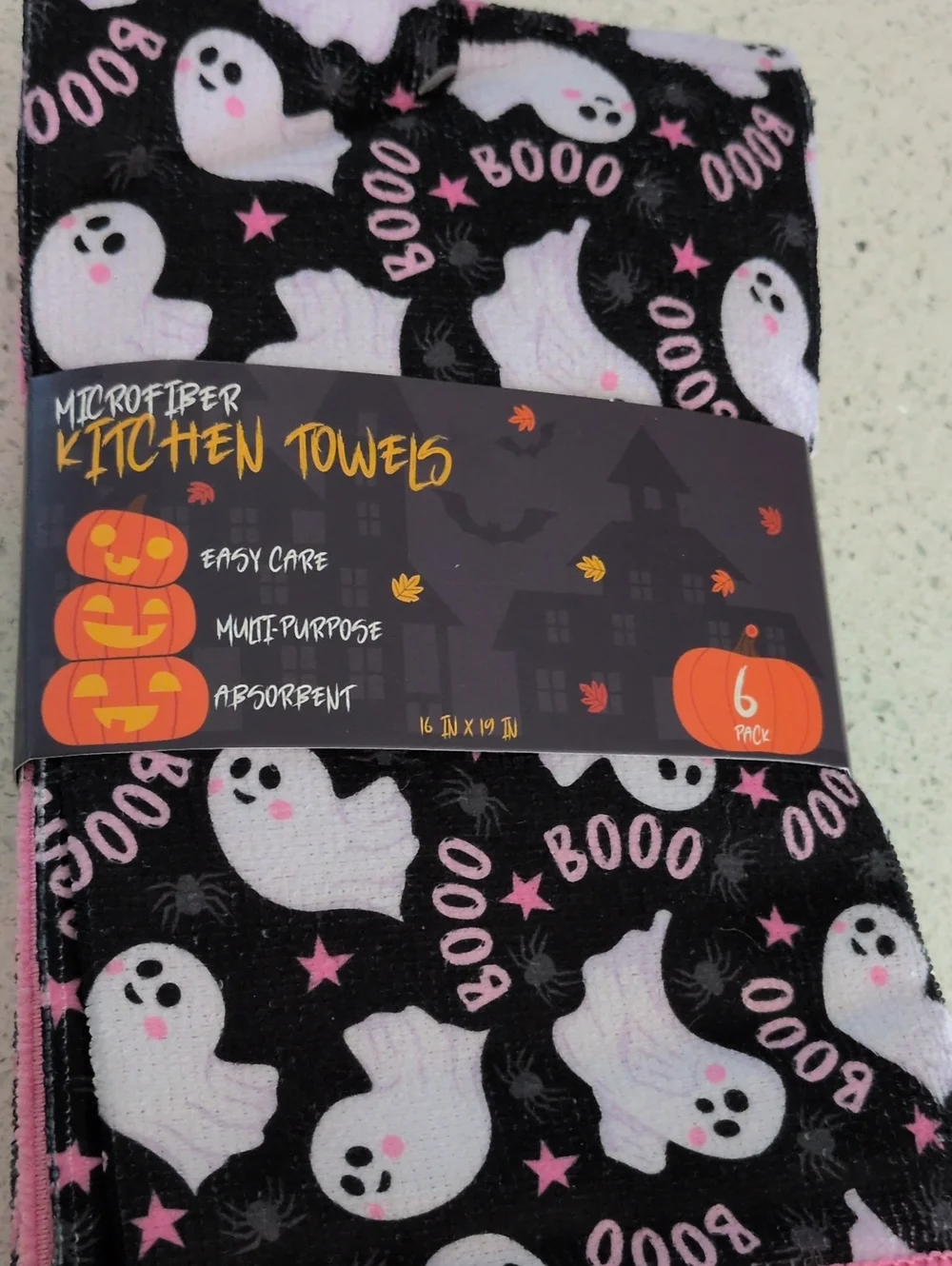 Halloween Ghost Microfiber Kitchen Towels - Pink on Black - 6 Pack